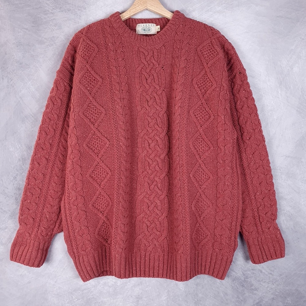 Blarney Woollen Mills Sweater Mens XL Pink Wool Fisherman Cable Knit Aran Crew